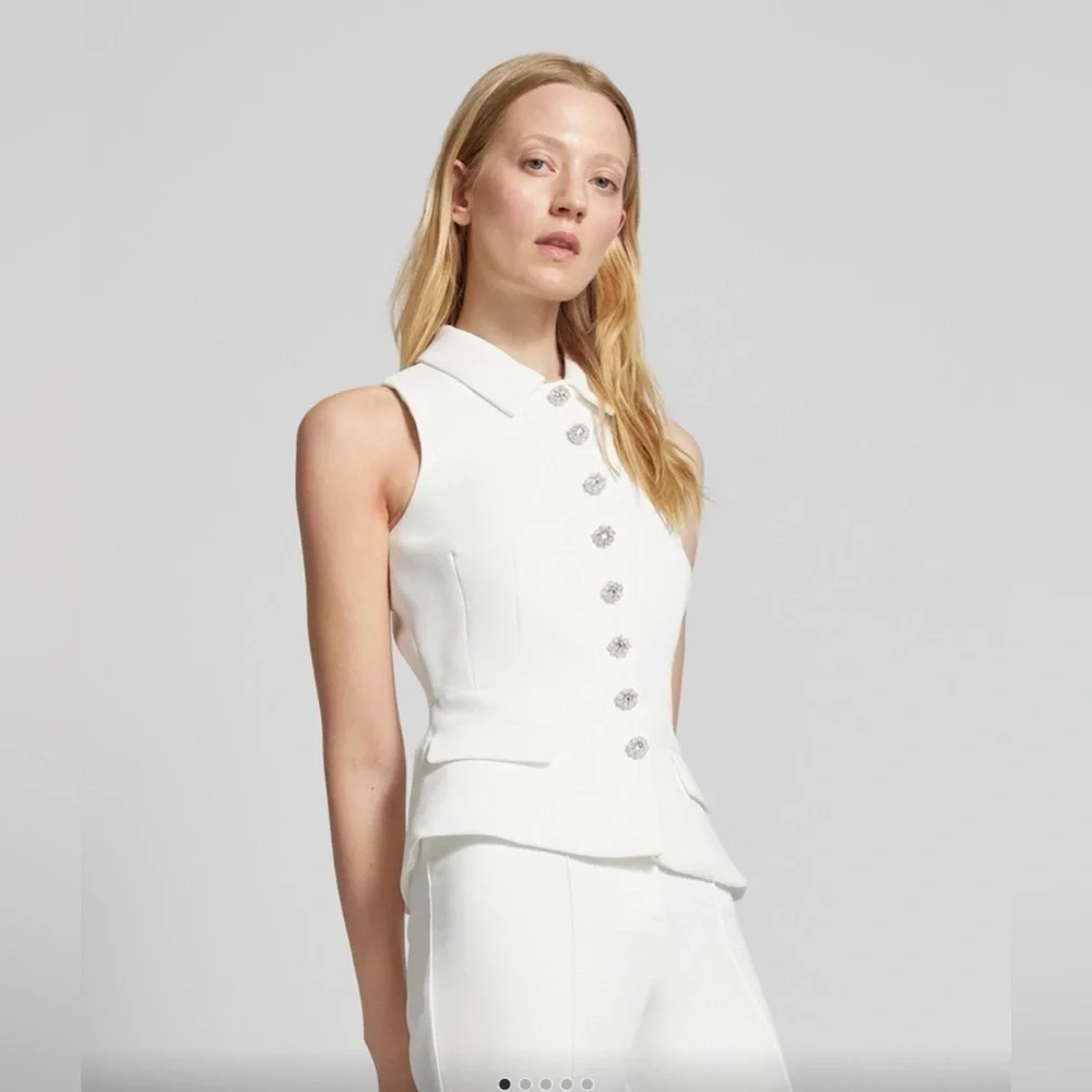 Self-Portrait Button up vest top sleeveless with placket in white